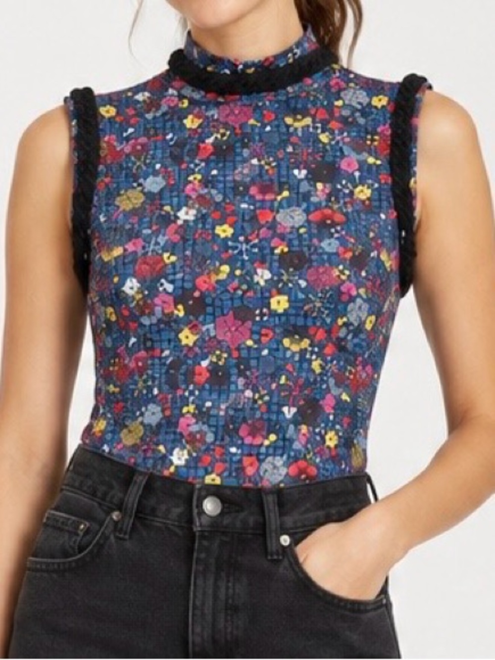 KENZO Floral Jersey Mock Neck Sleeveless Stretch Tank Top Blue Multicolor S